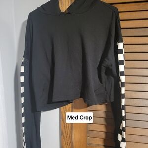 Black Cropped Hoodie with Checkered Sleeves
